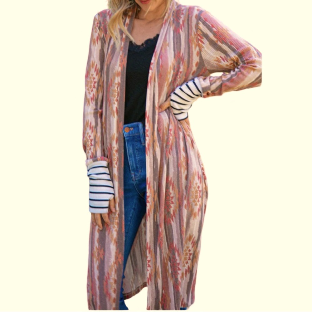 7th Ray Aztec Printed Stripe Sleeve Open Cardigan - Picture 8 of 10
